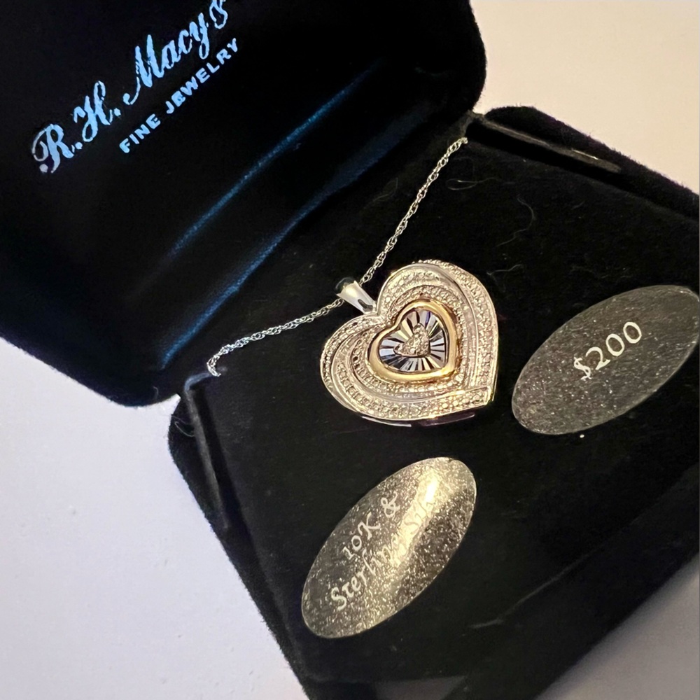 NWT Heart Necklace 10K Gold & Sterling Silver / .05 Diamond ~ Macy's